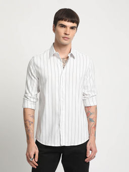 The Bear House - Men White & Black Striped Slim Fit Cotton Casual Shirt