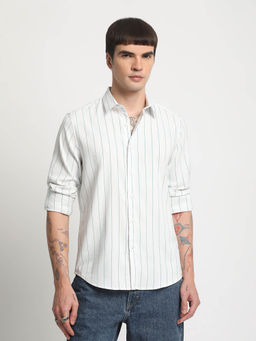 The Bear House - Men White & Blue Striped Slim Fit Cotton Casual Shirt