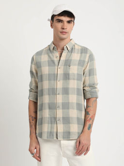The Bear House - Men Green Checked Slim Fit Cotton Linen Casual Shirt