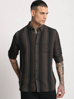 The Bear House - Men Brown Striped Slim Fit Cotton Casual Shirt
