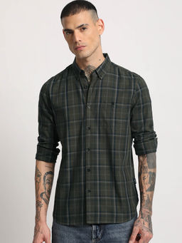 The Bear House - Men Green Checked Slim Fit Cotton Casual Shirt