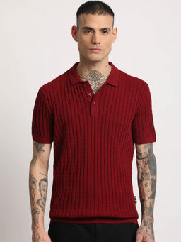 The Bear House - Men Red self Design Slim Flat Knitted Polo T-shirt