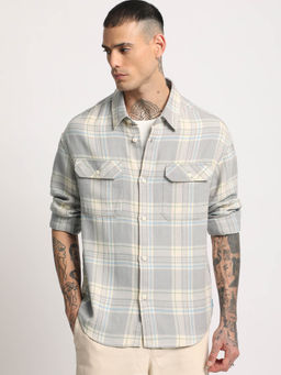 The Bear House - Men Grey Checked Oversized Cotton Casual Shirt
