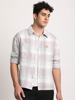 The Bear House - Men Pink Checked Oversized Cotton Casual Shacket