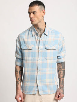 The Bear House - Men Blue Checked Oversized Cotton Casual Shirt