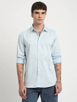 The Bear House - Men Blue Solid Slim Fit Cotton Casual Shirt