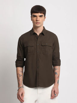 The Bear House - Men Brown Solid Slim Fit Cotton Casual Shirt