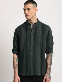 The Bear House - Men Green Striped Slim Fit Cotton Casual Shirt