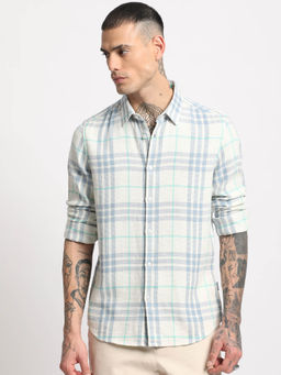 The Bear House - Men Blue Checked Slim Fit Cotton Casual Shirt