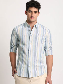 The Bear House - Men Multi Striped Slim Fit Cotton Linen Casual Shirt