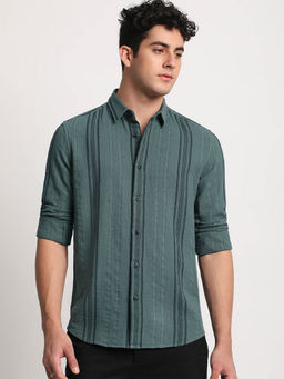 The Bear House - Men Green Striped Slim Fit Cotton Casual Shirt