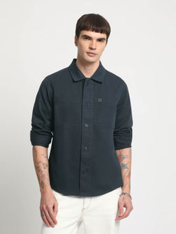 The Bear House - Men Blue Solid Regular Fit Cotton Shacket