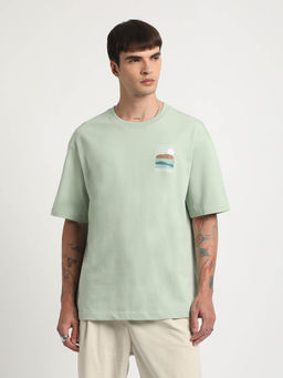 The Bear House - Men Green Oversized Printed Round Neck T-shirt