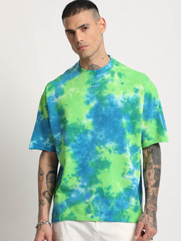 The Bear House - Men Blue Tie and Dye Oversized Fit Round Neck T-shirt