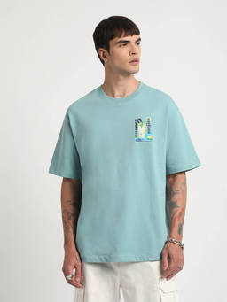 The Bear House - Men Blue Oversized Printed Round Neck T-shirt