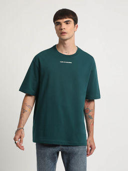 The Bear House - Men Green Oversized Printed Round Neck T-shirt
