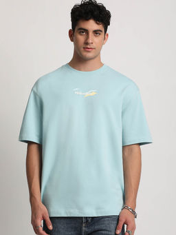 The Bear House - Men Blue Graphic Printed Overside Fit Round Neck T-shirt