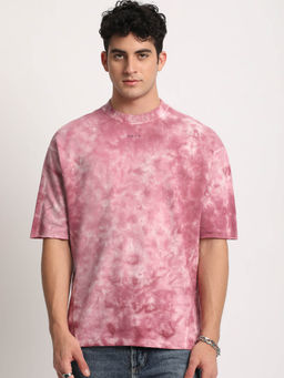 The Bear House - Men Purple Tie and Dye Oversized Fit Round Neck T-shirt