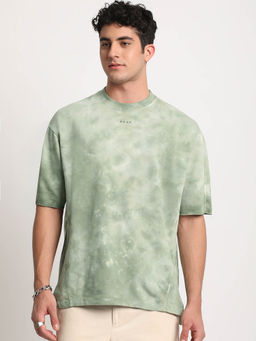 The Bear House - Men Green Tie and Dye Oversized Fit Round Neck T-shirt
