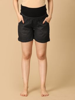 The Mom Store - Black Maternity Denim Shorts with Belly Support