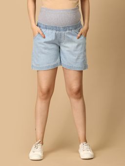 The Mom Store - Light Blue Maternity Denim Shorts with Belly Support
