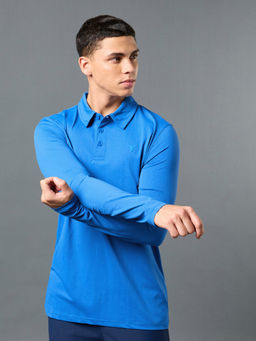 Technosport - Blue Solid Slim Fit Polo Sports T-shirt with COTFLEX