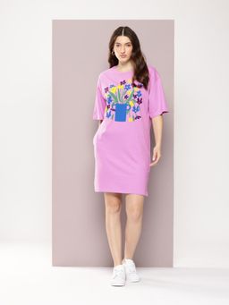 DILLINGER - Womens Oversized Short Sleeves Printed T-shirt Dress - Purple