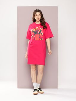 DILLINGER - Womens Oversized Short Sleeves Printed T-shirt Dress - Pink