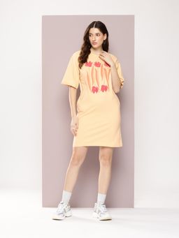 DILLINGER - Womens Oversized Short Sleeves Printed T-shirt Dress - Beige