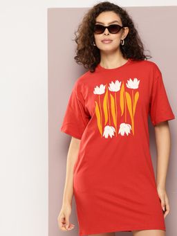 DILLINGER - Womens Oversized Short Sleeves Printed T-shirt Dress - Red
