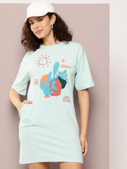 DILLINGER - Womens Oversized Short Sleeves Printed T-shirt Dress - Blue