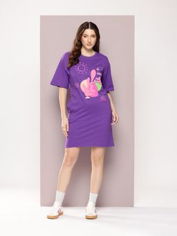 DILLINGER - Womens Oversized Short Sleeves Printed T-shirt Dress - Purple