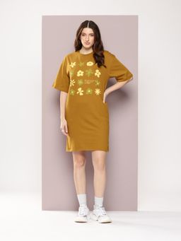 DILLINGER - Womens Oversized Short Sleeves Printed T-shirt Dress - Brown