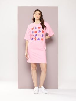 DILLINGER - Womens Oversized Short Sleeves Printed T-shirt Dress - Pink