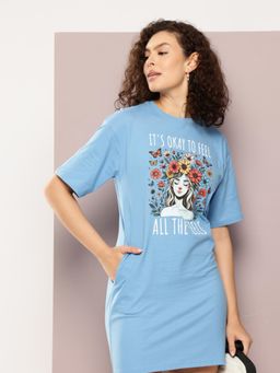 DILLINGER - Womens Oversized Short Sleeves Printed T-shirt Dress - Blue
