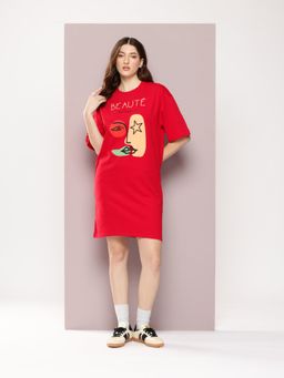 DILLINGER - Womens Oversized Short Sleeves Printed T-shirt Dress - Red