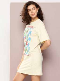 DILLINGER - Womens Oversized Short Sleeves Printed T-shirt Dress - Off White