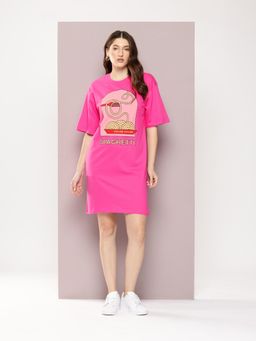 DILLINGER - Womens Oversized Short Sleeves Printed T-shirt Dress - Pink