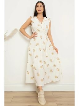 PIMU - V-Neck Embroidered Midi Dress with Belt - Brown