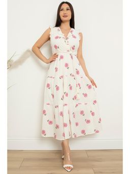 PIMU - V-Neck Embroidered Midi Dress with Belt - Pink