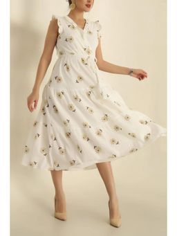 PIMU - V-Neck Embroidered Midi Dress with Belt - Brown