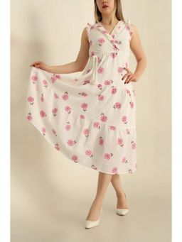 PIMU - V-Neck Embroidered Midi Dress with Belt - Pink