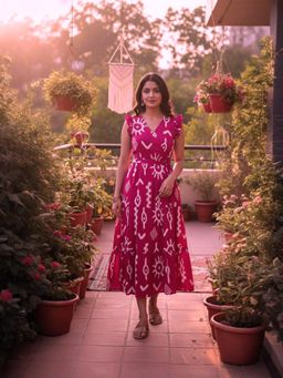 PIMU - V-Neck Embroidered Midi Dress with Belt - Pink