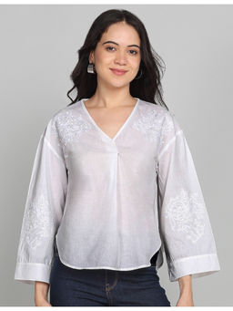SHAYE - White V-Neck Embroidered Three-Quarter Sleeves Casual Top For Women