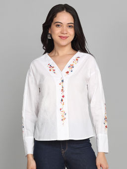 SHAYE - White V-Neck Embroidered Full Sleeves Casual Top For Women