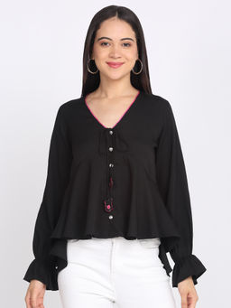SHAYE - Black V-Neck Solid Full Sleeves Casual Top For Women