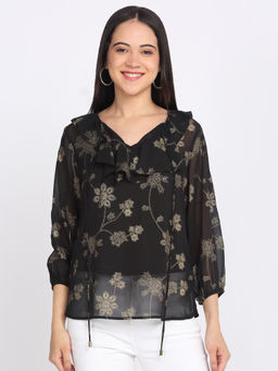 SHAYE - Black V-Neck Foil Print Three-Quarter Sleeves Casual Top With Cami For Women