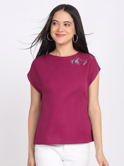 SHAYE - Purple Boat Neck Embroidered Short Sleeves Casual Top For Women