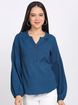 SHAYE - Blue V-Neck Solid Full Sleeves Casual Top For Women