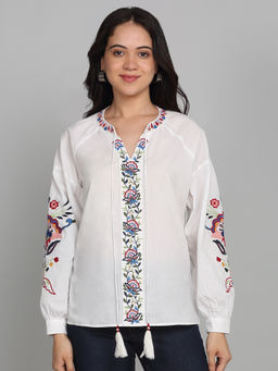 SHAYE - White V-Neck Embroidered Full Sleeves Casual Top For Women